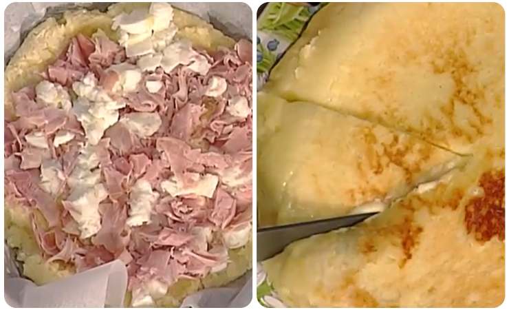 preparazione pizza con patate, mozzarella, formaggio e prosciutto- pizza cotta