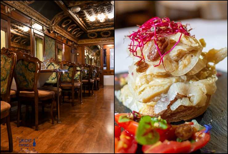 Collage location Orient Express Padova e piatto di trippa con cipolle