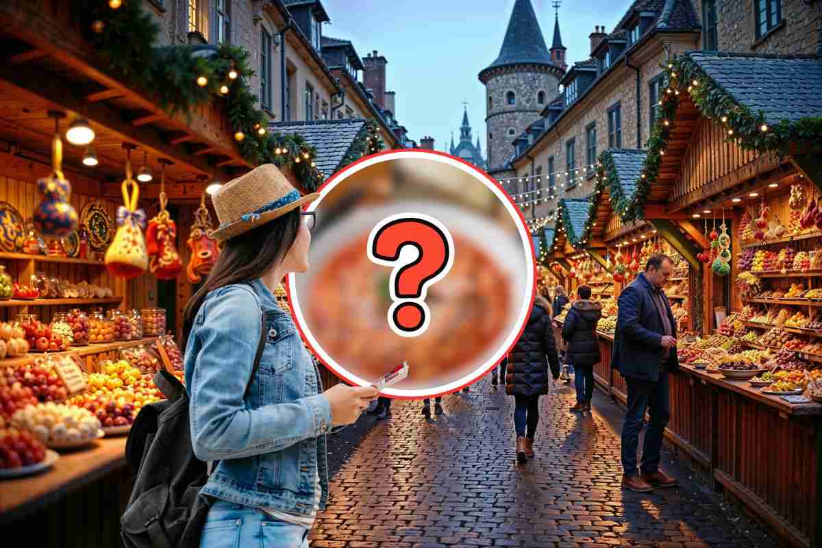 turista in un mercatino di natale e piatto misterioso