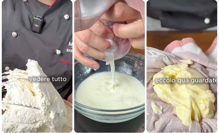 chef prepara burro, prima in planetaria, poi lo strizza in un panno