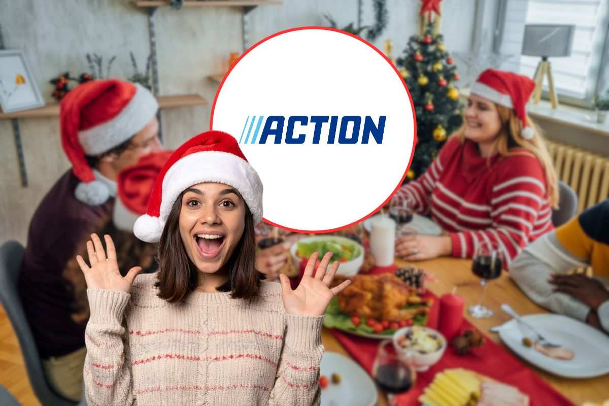 sfondo di un pranzo di natale in famiglia, in primo piano logo action e donna che esulta