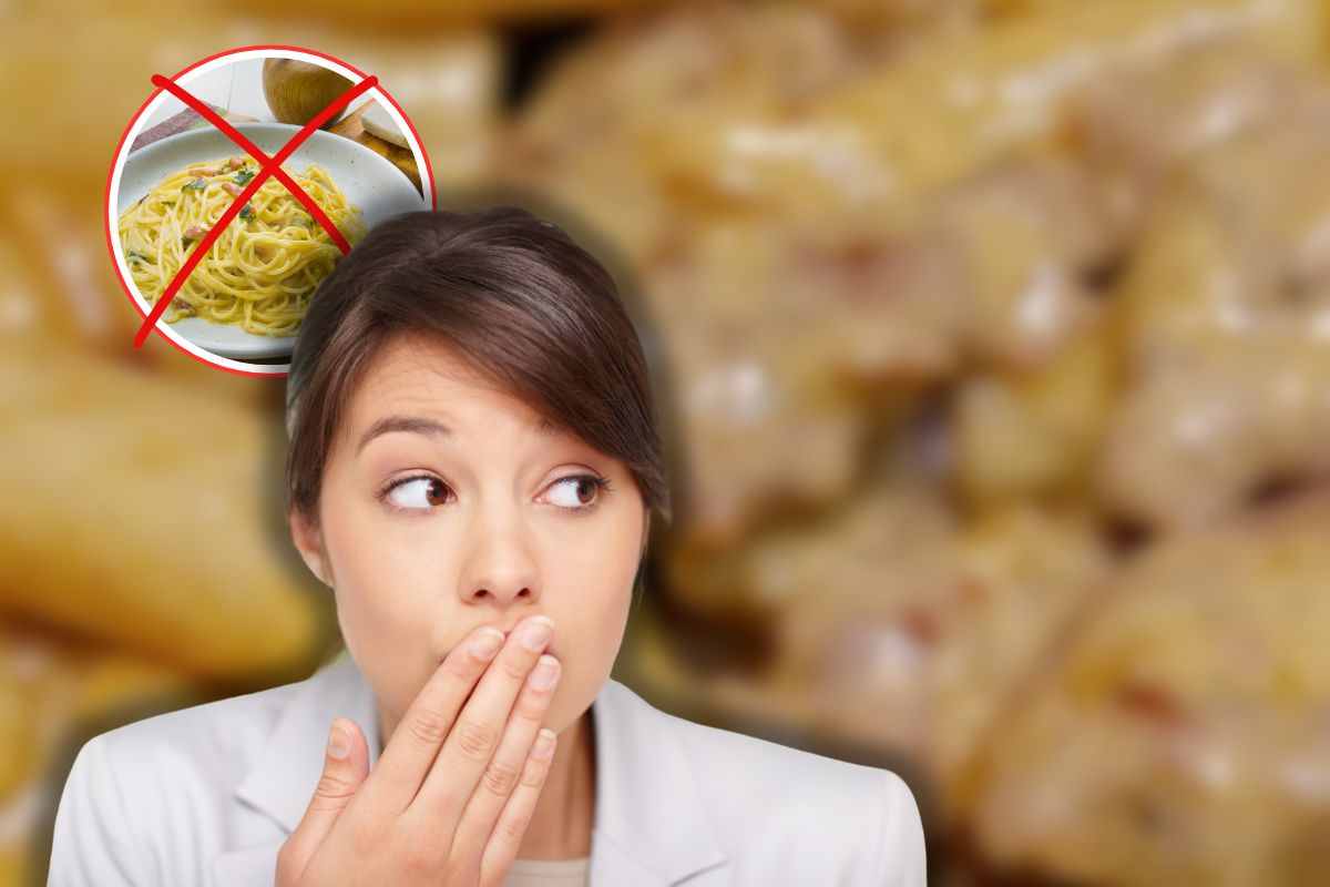 pasta alla norcina sullo sfondo, x rossa su spaghetti alla carbonara e donna sorpresa 