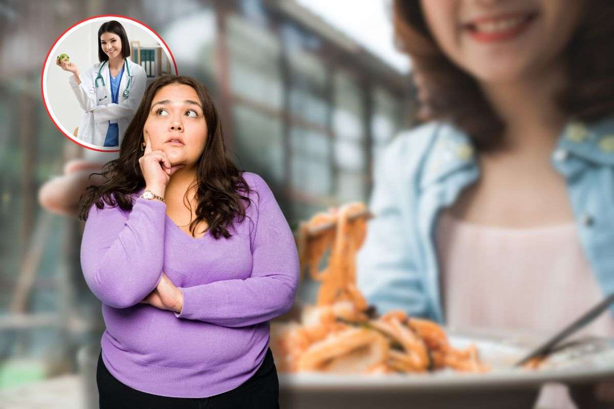 donna che mangia pasta, un'altra che pensa e nutrizionista in icona 