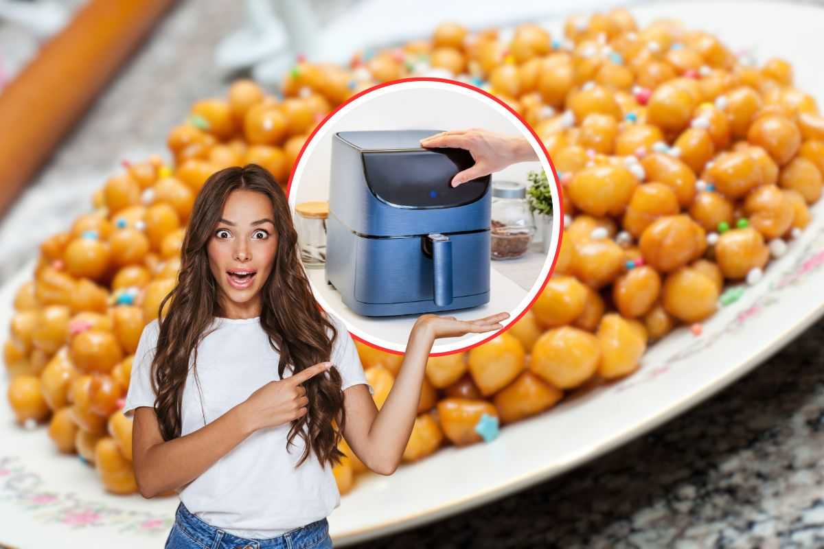 vassoio con struffoli come sfondo e donna che indica una friggitrice ad aria in primo piano